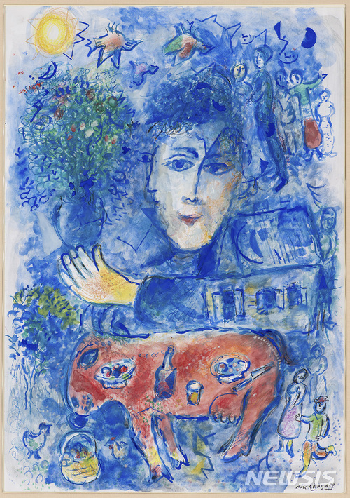 【서울=뉴시스】 샤갈, 두개의 파란 옆모습 이중초상과 빨간 당나귀Two Blue Profiles and a Red Donkey.Marc Chagall, Double profil bleu et âne rouge (1980) gouache and pastel on paper, Private Collection © ADAGP, Paris - SACK, Seoul, 2018, Chagall ®