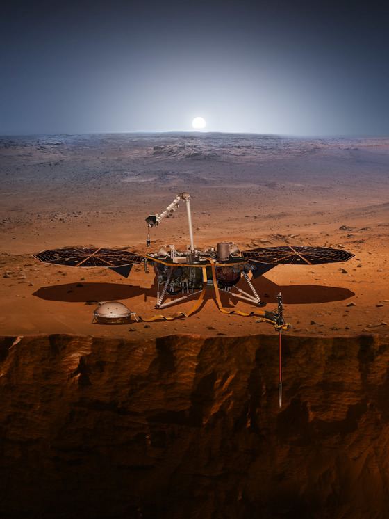 화성에 도착한 인사이트가 지표면을 뚫고 화성내부를 탐사하는 모습을 담은 조감도. 왼쪽 지표면 위로 둥그런 지진계측장비와 땅속 탐침장비 HP3(오른쪽)가 보인다. [사진 나사]