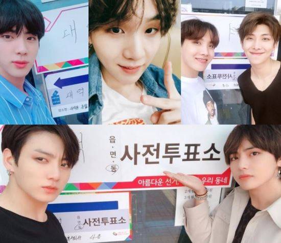 남성 그룹 방탄소년단(BTS). 윗줄 왼쪽부터 진, 슈가, 제이홉, RM. 아랫줄 왼쪽부터 정국, 뷔. 방탄소년단 공식 트위터 캡처.