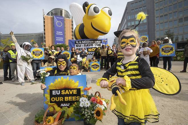 유럽연합의 살충제 규제 강화안 표결이 예정된 지난 4월 28일 벨기에 브뤼셀에서 시민들이 살충제 사용 금지를 촉구하는 시위를 벌이고 있다. [AVAAZ 제공, AP=연합]