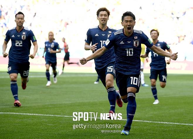 ▲ SARANSK, RUSSIA - JUNE 19: Shinji Kagawa of Japan celebrates after scoring a penalty for his team's first goal during the 2018 FIFA World Cup Russia group H match between Colombia and Japan at Mordovia Arena on June 19, 2018 in Saransk, Russia. (Photo by Carl Court/Getty Images)