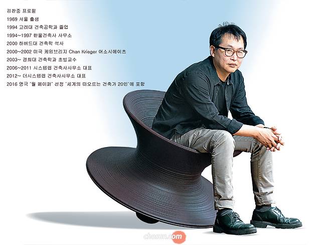 건축가 김찬중이 사무실에 둔 영국 디자이너 토머스 헤더윅의 ‘스펀(Spun) 체어’에 앉았다. 팽이처럼 생겼지만 공학적인 계산에 따라 만든 의자가 외형만 보면 장난기 가득하지만 치밀한 구조 계산에서 탄생한 김찬중의 건축과 닮았다. /김종연 영상미디어 기자