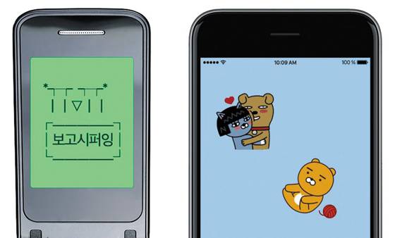 왼쪽부터 1990년대 중반 쓰였던 문자 이모티콘, 2000년대 후반 스마트폰 메신저 카카오톡의 그림 이모티콘. /SK텔레콤·카카오