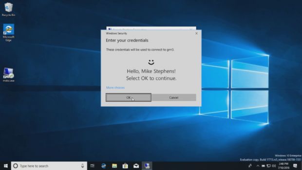 윈도10 레드스톤5 업데이트부터 지원되는 생체인증을 통한 원격데스크톱 접속화면.