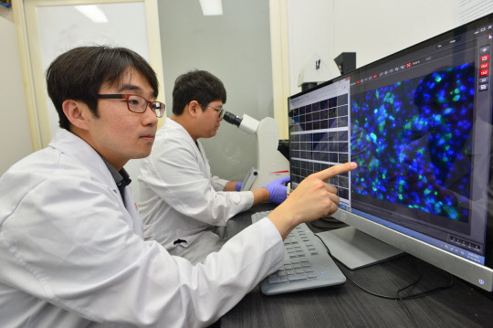 이준석 KIST 분자인식연구센터 박사가 AI(조류인플루엔자)에 감염된 세포의 형광패턴을 살펴보고 있다.   KIST 제공
