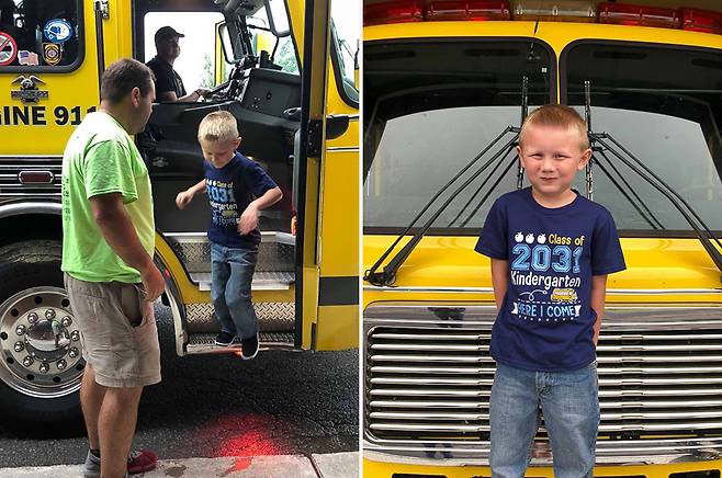 고인이 된 아빠의 바람에 따라, 소방차를 타고 유치원 첫 등원에 성공한 아들 쿠퍼.