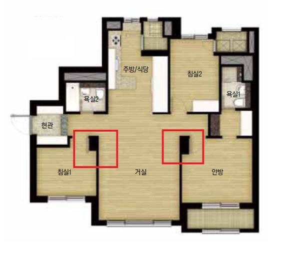 무량판 구조로 지은 서울의 한 아파트 평면. 빨간 네모 부분이 기둥이고, 이어진 벽은 철거가 가능한 비내력벽이다. /삼성물산 제공