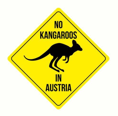 오스트리아에 관광상품으로 활용하고 있는 이미지. '오스트리아엔 캥거루가 없다'고 써 있다.