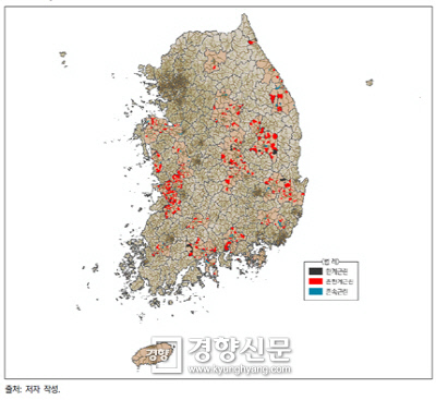 소멸위기 도시근린지역의 유형별 분포 (자료: 국토연구원)