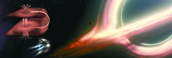 영화 '인터스텔라'에서 묘사된 블랙홀 '가르강튀아'(오른쪽). 테두리의 밝은 빛은 블랙홀 뒤편의 별빛이다. 또 두 우주 사이를 연결하는 웜홀을 통하면 빠른 속도의 우주여행이 가능하다(왼쪽). 그러나 현재까지 연구에 따르면 웜홀은 정적인 통로가 아닌, 탄생-수축-소멸의 단계를 거치는 동적 물질로, 발생 시간이 짧고 공간 또한 매우 좁다. [사진제공=워너브러더스 코리아]