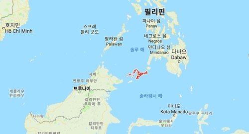 '해적 경계령' 필리핀 술루(빨간색) 지역과 말레이시아 사바주 해역[구글 캡처]