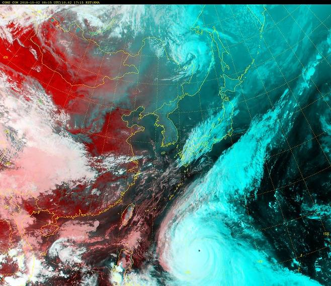 2일 오후 5시15분 현재 제25호 태풍 ‘콩레이’를 천리안 위성이 촬영한 영상. 기상청 제공