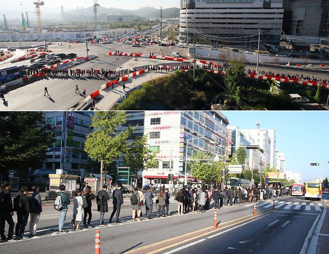 지하철 3호선 대화~구파발 운행 중단 ‘출근 대란’ 지하철 3호선 대화~구파발 구간의 양방향 운행이 중단된 2일 오전 경기 고양시 삼송역 인근 버스정류장에 서울로 출근하려는 시민들이 버스를 타기 위해 길게 줄을 서 있다(위 사진). 3호선 일산 대화역 인근에서도 출근시간에 쫓긴 시민들이 보호봉이 없는 버스전용차로를 따라 서울행 버스 승차 순서를 기다리고 있다. 연합뉴스