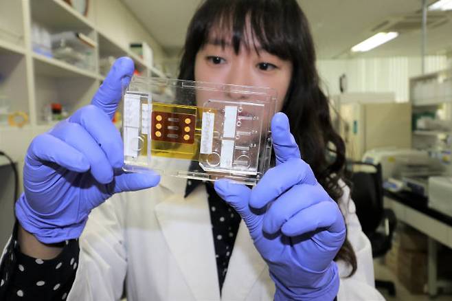 나노종합기술원 연구진이 모듈화 된 나노바이오센서칩을 살펴보는 모습