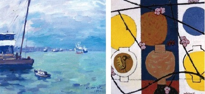 오지호의 작품 항구(왼쪽)와 김환기의 작품 항아리와 매화 ⓒ 광주광역시청 제공