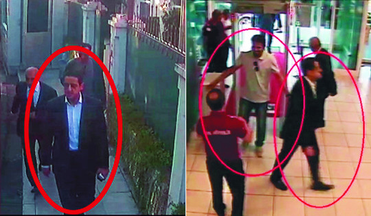 무함마드 빈 살만 사우디아라비아 왕세자의 경호원으로 알려진 마헤르 압둘아지즈 무트레브가 지난 2일 이스탄불의 사우디 영사관 앞을 지나고 있다. 2일은 자말 카슈끄지가 영사관에 들어가 살해된 날이다. 오른쪽 사진은 무트레브와 다른 남성이 이스탄불 국제공항 보안검색대를 통과하는 모습. 두 사람 모두 카슈끄지 살해 용의자들이다. AP뉴시스