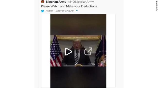 ‘발포해도 좋다’는 취지의 도널드 트럼프 대통령 연설 동영상을 올린 나이지리아 정부군 트위터 계정.