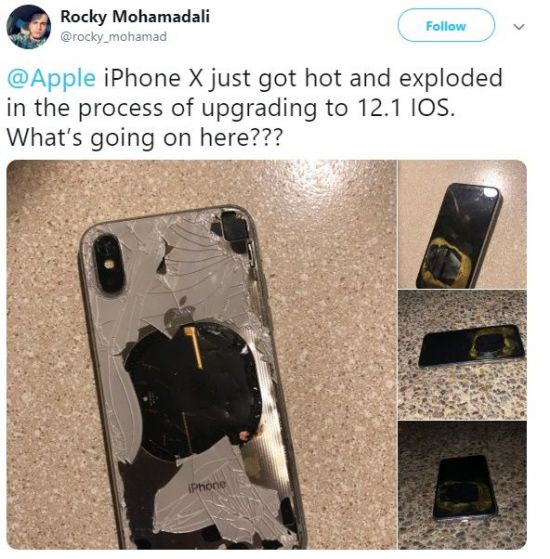 라헬 모하메드는 13일(현지시간) 트위터를 통해 자신의 아이폰X이 소프트웨어 업데이트 중 폭발했다고 호소했다.