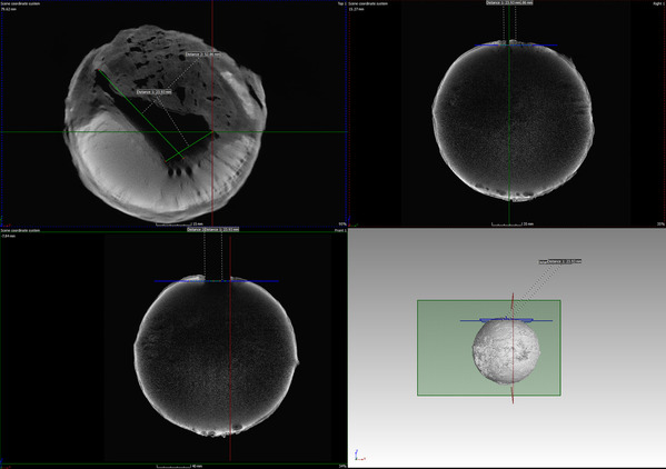 출토된 비격진천뢰 3점을 단층(CT)촬영한 사진이다. 위 왼쪽 유물의 내부에 신관을 넣는 공간이 보인다.