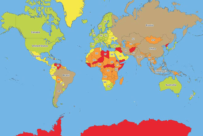 의료문제 분야의 안전도를 나타낸 지도. 위험도가 낮은 국가부터 연두색-레몬색-주황색-빨간색-황토색