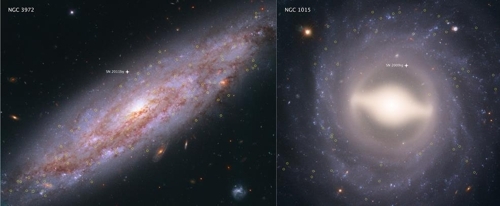 허블우주망원경으로 포착한 은하 우주팽창을 연구하기 분석 중인 19개 은하 중 두 곳. 지구에서 6천500만광년 떨어진 곳에 위치한 NGC 3972(왼쪽)와 1억1천800만광년 떨어진  NGC 1015. [NASA, ESA 제공]