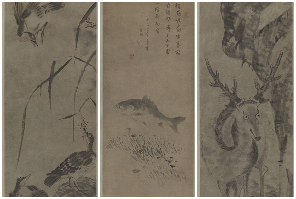 팔대산인이 그린 ‘기러기’ ‘물고기와 수초도’ ‘사슴’(왼쪽부터)/예술의전당 제공