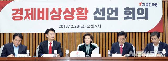 【서울=뉴시스】박영태 기자 = 28일 오전 서울 영등폭 여의도 국회에서 열린 자유한국당 경제비상상황선언회의에서 나경원 원내대표가 발언하고 있다. 2018.12.28.since1999@newsis.com