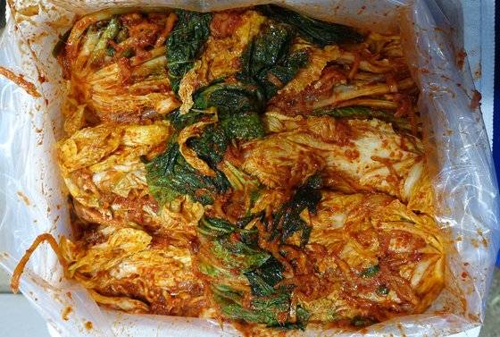 완성한 김치를 두 겹 비닐봉지에 넣어 10㎏ 포장 상자에 담았다.