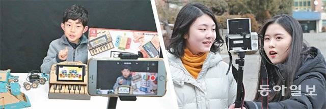 유튜브 채널 ‘마이린TV’를 운영하는 최린 군이 집에서 장난감 ‘닌텐도 라보’를 소개하는 영상을 만드는 모습. 구독자 76만 명을 가진 최 군은 스마트폰 하나로 모든 영상을 촬영한다(왼쪽 사진). ‘여우린TV’ 운영자 최연우 양(오른쪽 사진 오른쪽)이 1일 경기 용인시에서 친구와 영상을 찍고 있다. 구독자 5만여 명의 최 양은 교내 축제, 체육대회 등을 주요 방송 소재로 삼는다. 김동주 zoo@donga.com / 용인=원대연 기자