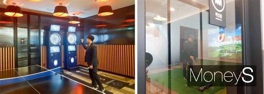 위워크 을지로지점 휴게공간, 스크린골프 게임룸. /사진=류은혁 기자