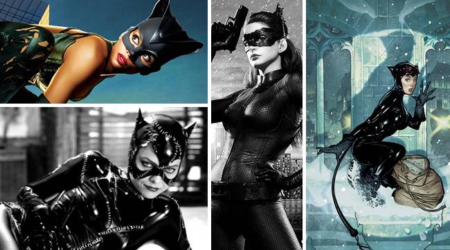 캣우먼으로 열연한 배우들. 왼쪽부터 할리 베리, 미셸 파이퍼, 앤 해서웨이. 오른쪽 첫째는 원작 코믹스에 등장하는 캣우먼.