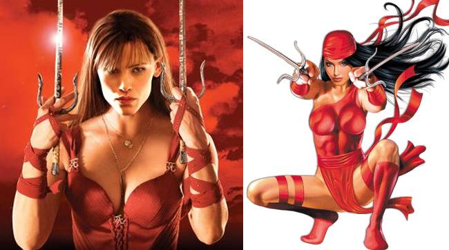 흥행에서 참패해 잊혀진 영화 엘렉트라(왼쪽)와 원작 코믹스에 등장하는 엘렉트라.