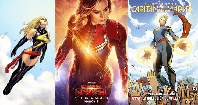 왼쪽부터 미즈 마블로 활동하던 시절의 캐럴 댄버스, 영화 캡틴 마블, 원작 코믹스에서의 캡틴 마블.