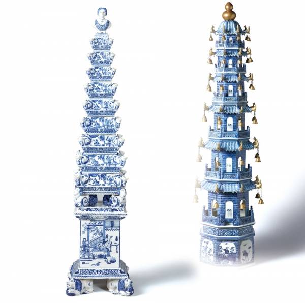 (왼쪽)2007년에 복원한 델프트 튤립꽂이(1692~1700 제조 추정, 암스테르담 국립박물관) (오른쪽)청나라 불탑(1765~1770 제조 추정) ⓒ 조용준 제공