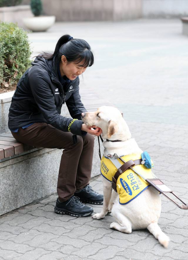 홍아름 안내견 훈련사가 예비 안내견 무비와 야외 훈련을 마치고 공원 벤치에서 잠시 쉬고 있다./삼성화재 안내견학교