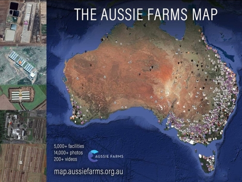 디오지팜즈맵(The Aussie Farms Map) 2019년 1월 동물권 보호단체 오지팜즈에 의해 공개된, 호주 전국에 산재한 농장·도축장의 위치와 연락처를 검색할 수 있는 인터렉티브 온라인 지도 (오지팜즈 페이스북 페이지 캡처)