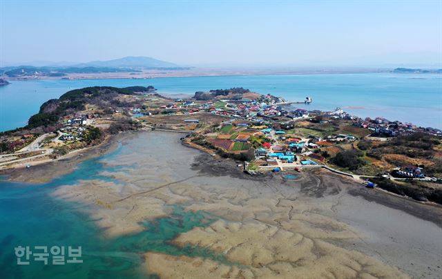 천수만 물이 빠지면 황도 주변으로 드넓게 갯벌이 펼쳐진다.