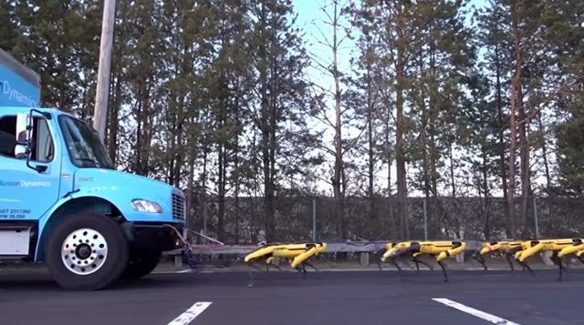 열 대의 스팟미니(SpotMini) 로봇들이 주차장에서 트럭을 끌고 가는 영상이 공개됐다. (사진=유튜브 캡쳐)