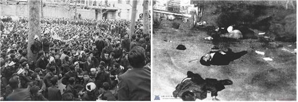 ▲ 1960년 4월 18일 의사당 앞에서 마산학생 석방 등을 외치면서 열좌(列坐)투쟁을 하고 있는 고려대 데모대(오른쪽), 1960년 4월 18일 정치깡패의 급습으로 쓰러져 있는 고려대학교 학생들(왼쪽) ⓒ 민주화운동기념사업회 오픈아카이브