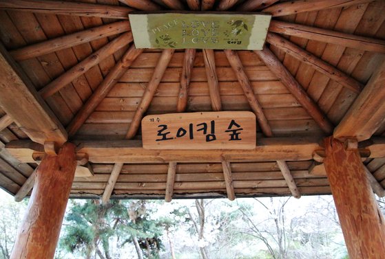 가수 로이킴(본명 김상우·26)의 이름을 붙인 서울 강남구 '로이킴 숲' 안에 있는 로이킴이 기증한 정자엔 '로이킴 숲'이라는 현판이 걸려있다. 강남구는 최근 이 현판을 철거했다 [뉴스1]