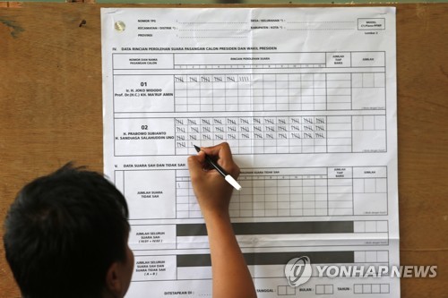 2019년 4월 17일 인도네시아 아체주 반다아체 지역의 한 투표소에서 투표관리원이 개표 결과를 집계하고 있다. [EPA=연합뉴스 자료사진]
