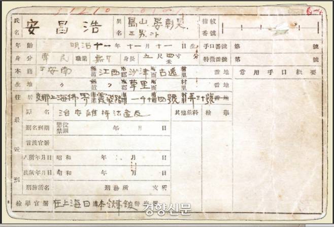 1932년 7월4일 작성된 수형카드 뒷면. 도산의 신분은 ‘상민’이며, 신장이 5척4촌(164㎝)이라는 내용이 적혀있다. 죄명은 치안유지위반죄로 표시됐고, 상하이 일본영사관 경찰이 검거했다는 내용이 들어있다.|국사편찬위원회 소장