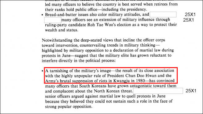 ▲1987년 CIA 보고서에는 한국 장교들이 국민들이 자신들에게는 적대감을 갖고 북한의 위협에 대해서는 안일할 정도로 전두환 정권을 부정적으로 본다고 느끼고 있다는 내용이 적혀 있다.(출처: CIA)