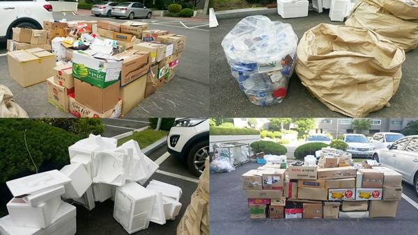 아파트 앞 분리수거로 모아 놓은 재활용 쓰레기를 살펴봤다. 재활용 쓰레기는 폐지, 캔, 유리, 비닐, 프라스틱, 스치로폼 등으로 분리수거돼 재활용선별장으로 간다.