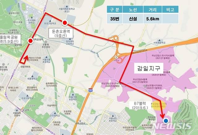 【하남=뉴시스】 문영일 기자 = 경기 하남시 감일지구에서 9호선 둔촌오륜역, 5, 9호선 올림픽공원역 연계 노선인 35번 버스 신설 노선도. 2019.06.11. (사진=하남시청 제공)photo@newsis.com