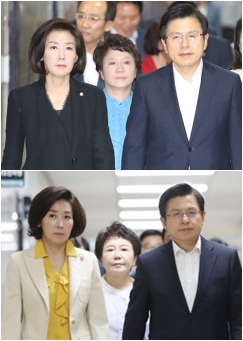 (왼쪽부터) 자유한국당 나경원 원내대표, 정미경 최고위원, 황교안 대표. 연합뉴스
