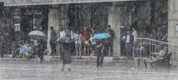 지난 15일 오후 서울 광화문에서 우산 없는 시민들이 비가 그치기만을 기다리고 있다./고운호 기자