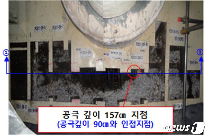 한빛원전 4호기 격납건물 내 깊이 157㎝ 공극 발견 지점.(김종훈 의원실 제공) © News1