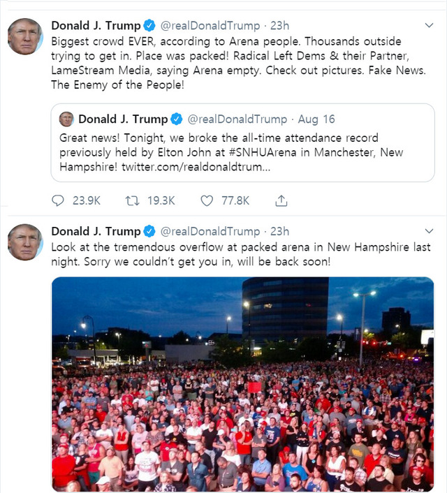 도널드 트럼프 미국 대통령이 지난 15일 뉴햄프셔주 맨체스터에서 열린 대선 유세 인파 규모가 가수 엘튼 존의 기록을 넘었다며 자랑하는 트위트를 16~17일(현지시각) 잇따라 올렸다. 트위터 화면 갈무리.