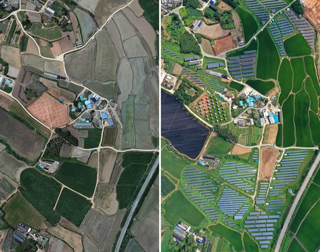 전북 김제시 상동동의 2009년 모습(왼쪽)과 현재의 모습이 대조적이다. 과거 중앙부 작은 마을 주변이 대부분 농지였던 데 비해 지난 13일 촬영된 사진에선 크고 작은 태양광 발전소에 의해 마을이 포위된 것처럼 보인다. 카카오맵ㆍ드론 촬영